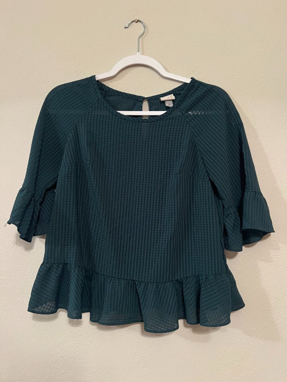 A New Day Dark Green Gingham Peplum Blouse, Size XS